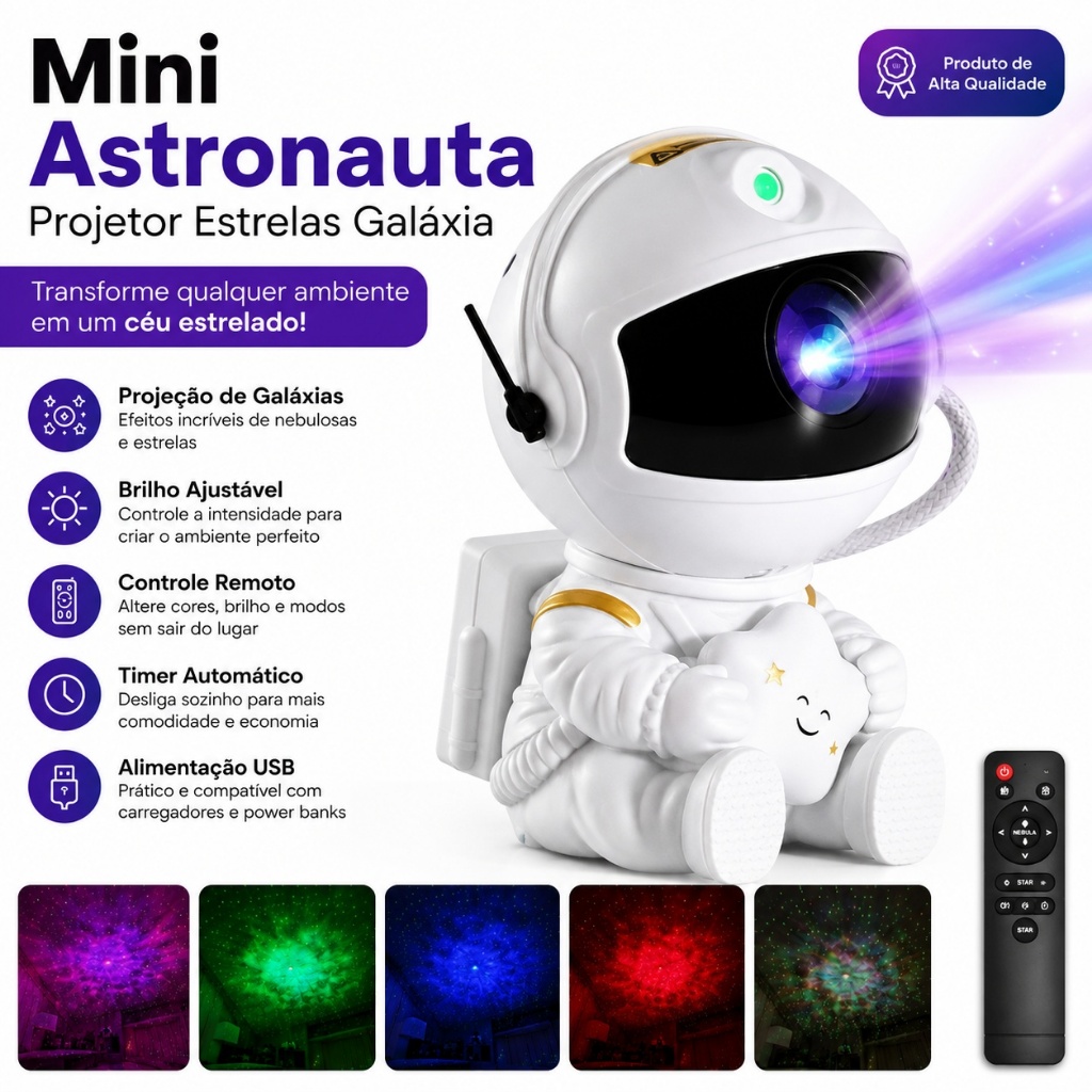 Mini Projetor Astronauta Galáxia Luz Noturna Nebulosa 8 Efeitos Controle Remoto