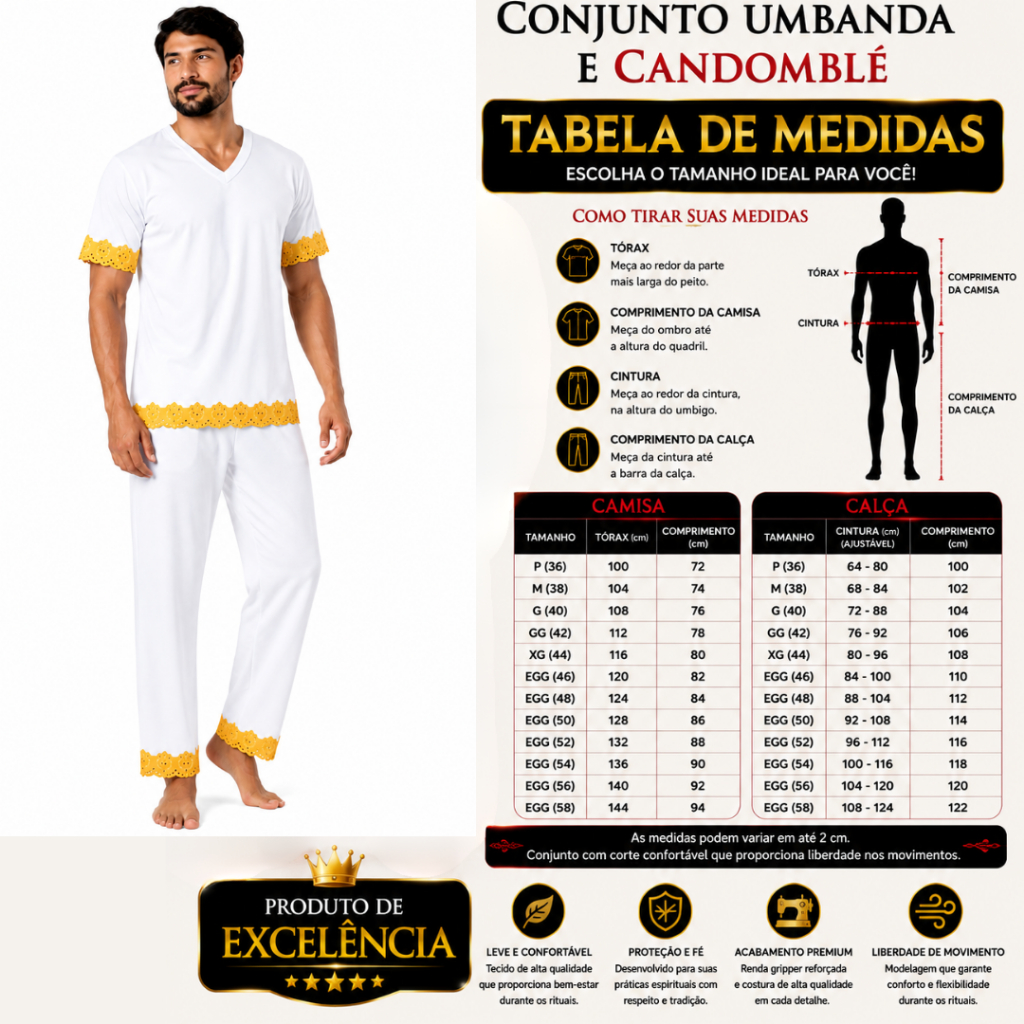 Conjunto Masculino Umbanda e Candomblé com Renda Premium Luxo do P ao EGG — imagem 2 de 2