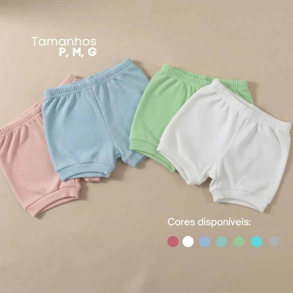 Kit 3 Shorts Bebê Canelado Algodão Tapa Fralda Verão Macio Menino e Menina Unissex