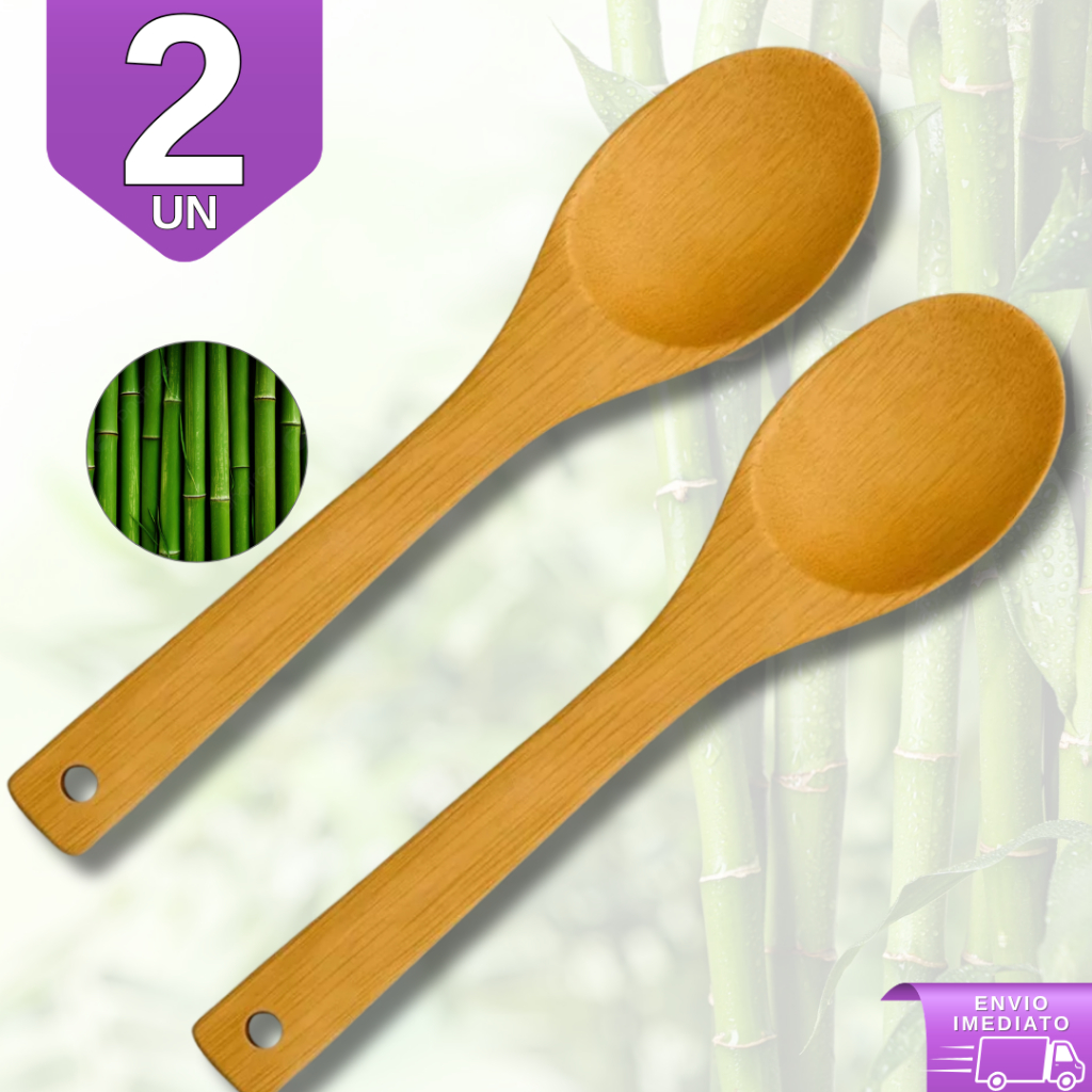 Kit 2 Colher de Bambu 30cm Para Cozinha Gourmet - Utensílio de Madeira Bamboo Natural Resistente