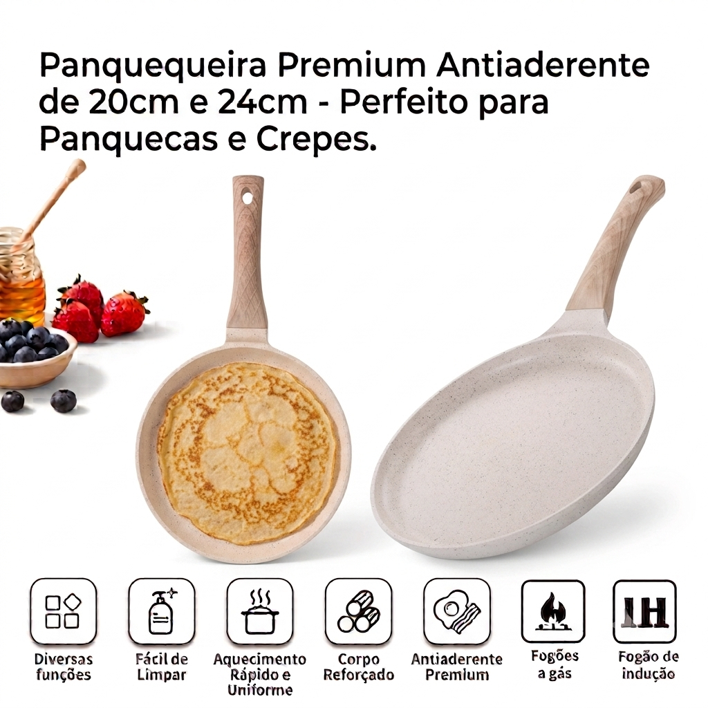 Frigideira Panquequeira Antiaderente De Cerâmica Premium Gás Indução 20cm 24cm