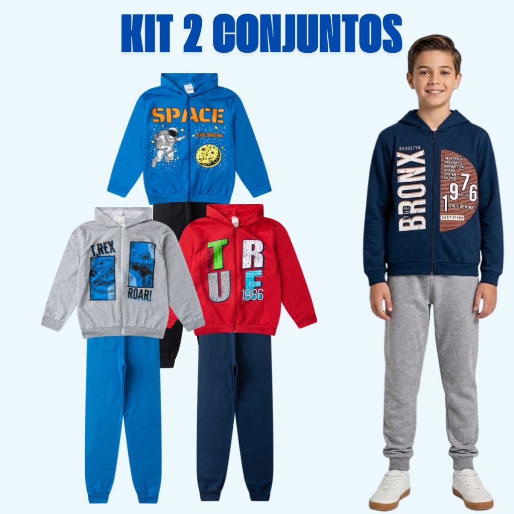 Kit Moletom Infantil Menino 2 Conjuntos Calça Casaco Inverno Masculino Frio 4 Peças Quentinho Ziper