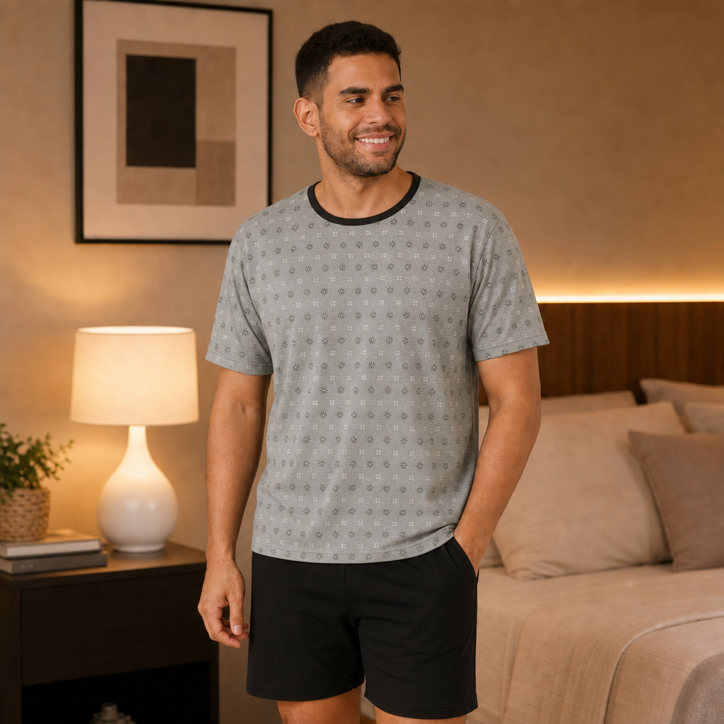 Pijama Conjunto Curto Masculino Calor Versao Confortável e Estiloso Premium Poliéster Colorido