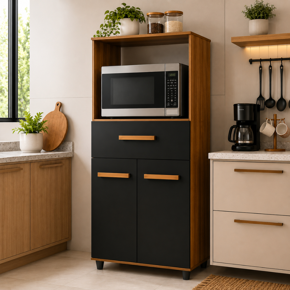 Balcão Multiuso Luna Para Forno ou Micro-ondas Com 2 Portas 1 Gaveta Savana Preto Compacto e Resistente - Moblyar
