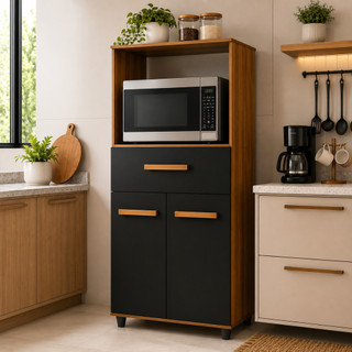 Balcão Multiuso Luna Para Forno ou Micro-ondas Com 2 Portas 1 Gaveta Savana Preto Compacto e Resistente - Moblyar