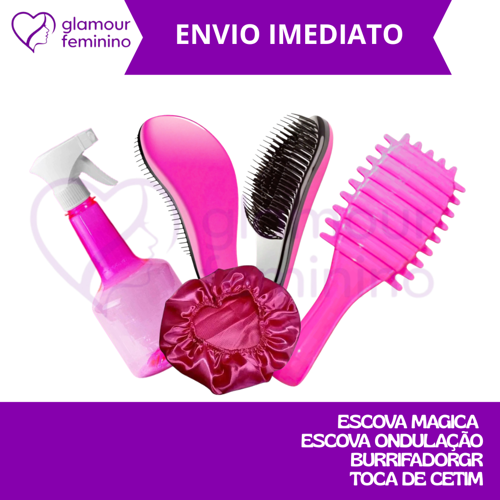 Kit 4 Peças Escova Mágica- Borrifador -Escova Ondulação -Touca de Cetim