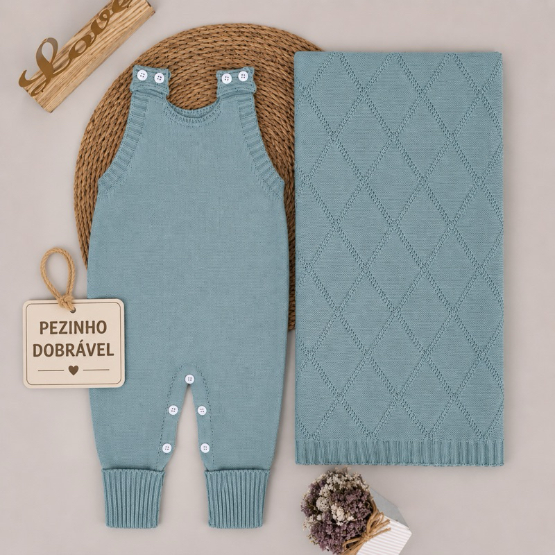 Conjunto Kit Saída de Maternidade Jardineira Romper Body Tricô Manta Losango Menino Menina Tricô Infantil 2 peças