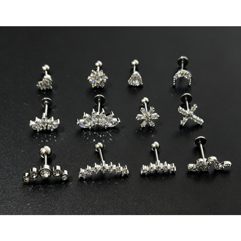KIT 3/5/6/9 de piercing de cartilagem de orelha em aço inoxidável com zircônia Vários estilos