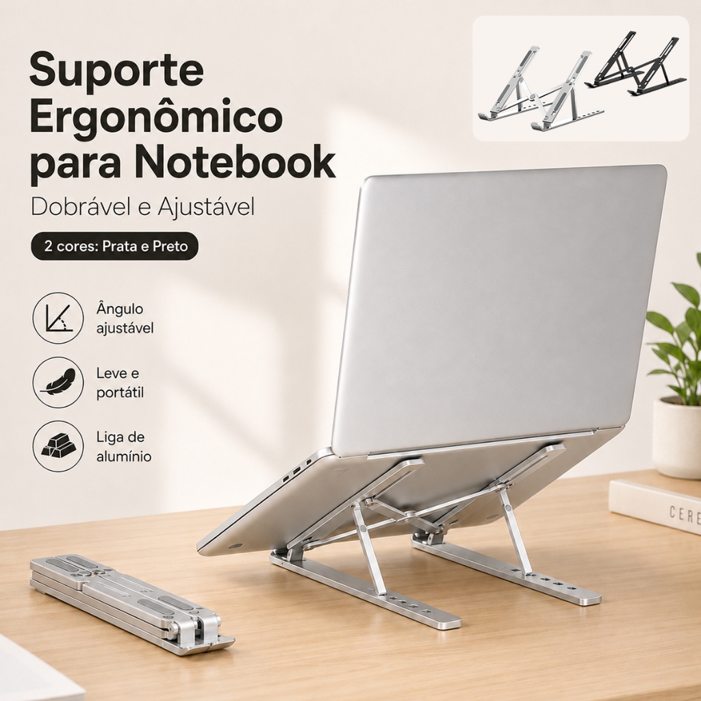 Suporte para Notebook de Alumínio Dobrável Ergonômico e Ajustável