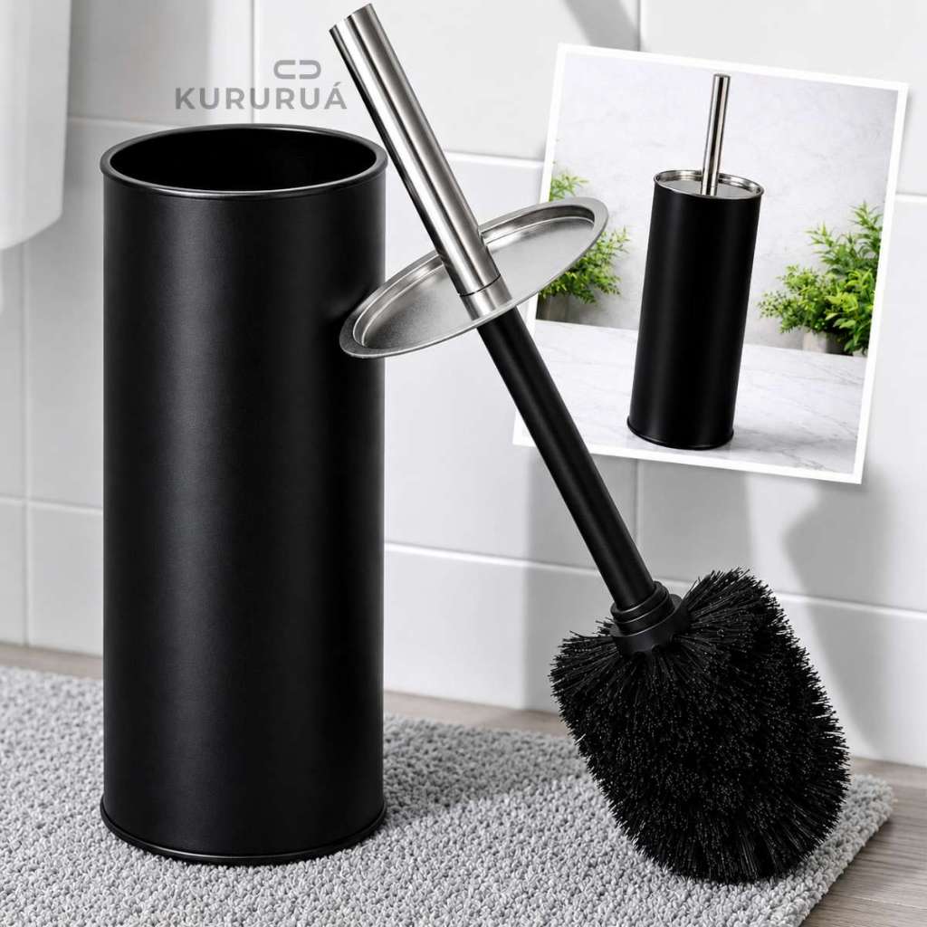 Escova Sanitária Limpeza Vaso Sanitário Banheiro Com Cabo Suporte Inox Preto