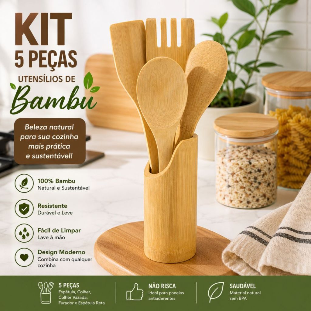 Kit Utensílios de Cozinha em Bambu 5 Peças Colher Espátula Concha Espumadeira Pegador de Madeira Duhome
