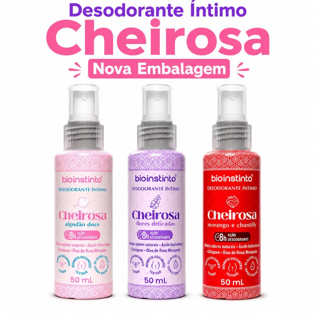 Kit 3 Desodorante Íntimo: Algodão Doce - Delicada - Morango e Chantilly 50 ml - Bio Instinto