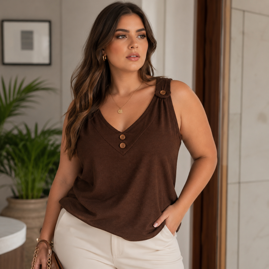 Blusa Regata Feminina Plus Size Básica Decote V Alça Grossa Malha Viscolycra Confortável Veste 44 ao 48 Moda Verão