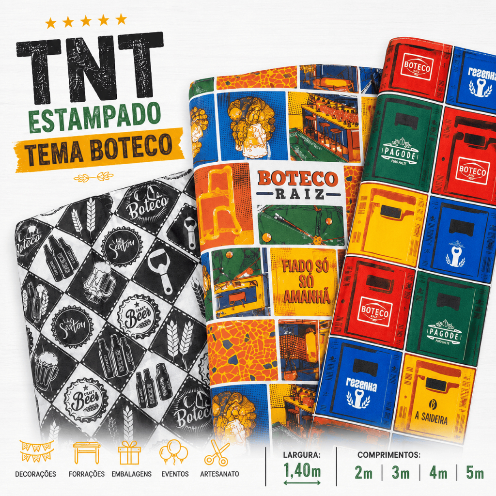 TNT Estampado Boteco | Boteco Raiz | Caixas | Brasilidade Decoração Festa, Toalha Mesa e Painel