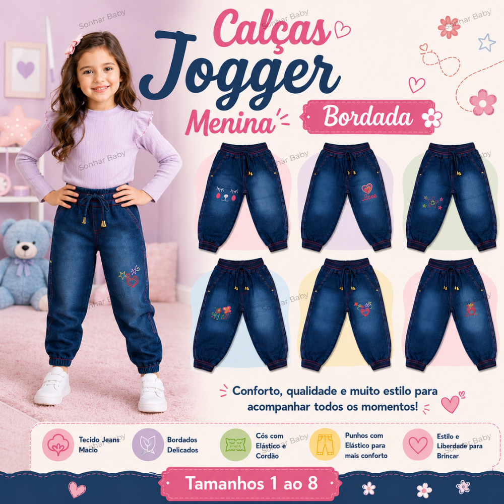 Calça Jeans Infantil Jogger Menina com Elástico na Cintura e Estampa Bordada Tamanhos 1 ao 8