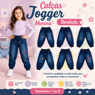 Calça Jeans Infantil Jogger Menina com Elástico na Cintura e Estampa Bordada Tamanhos 1 a…