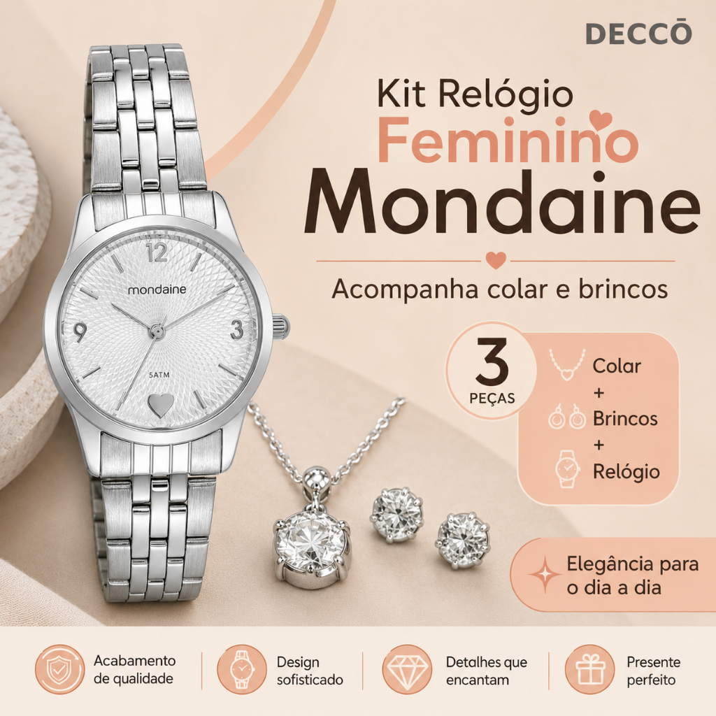 Relógio 28 MM Com Colar E Brincos Feminino Mondaine Prata Analógico Resistente à Água
