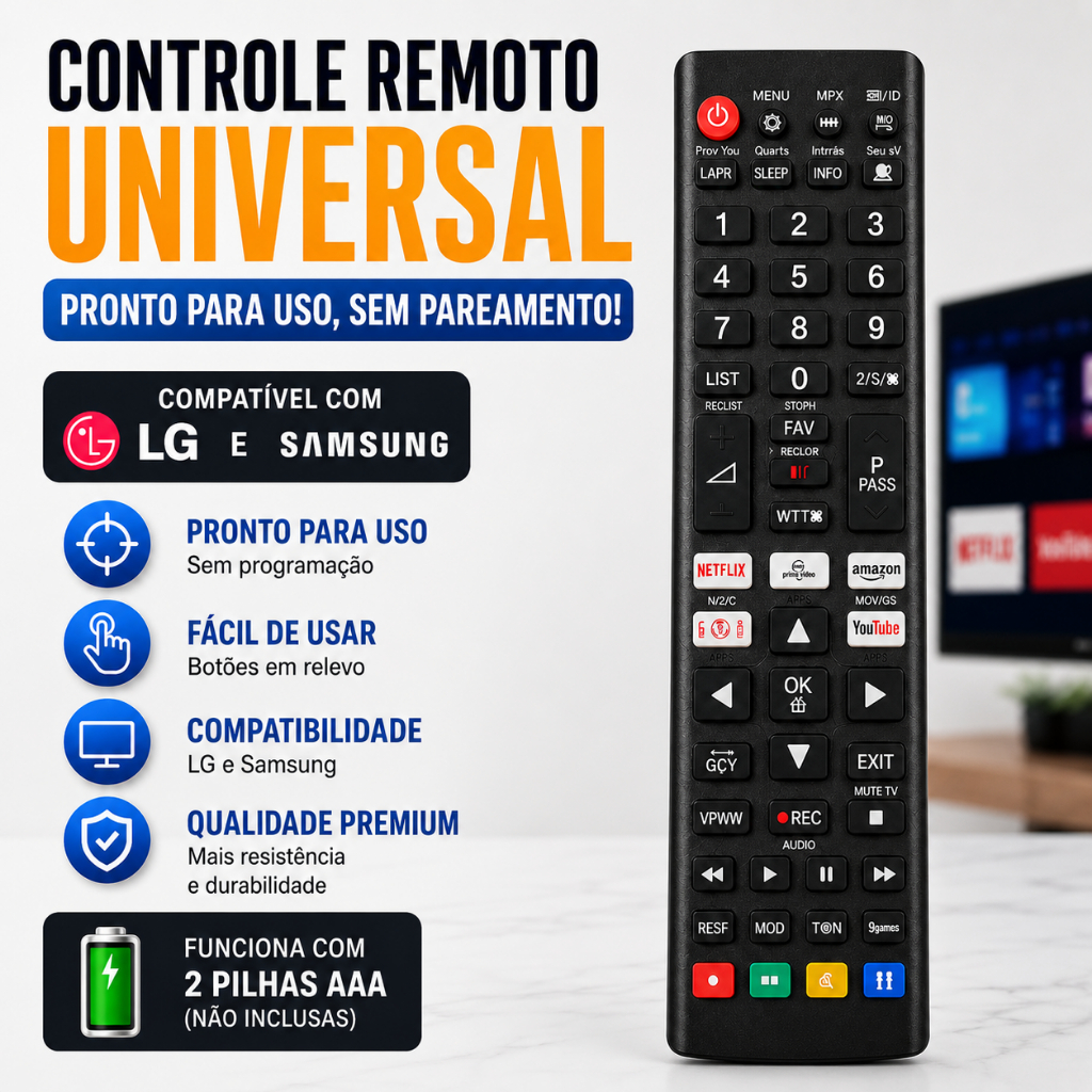 Controle Remoto Universal Compatível LG Samsung Smart TV Netflix YouTube Pronto Uso