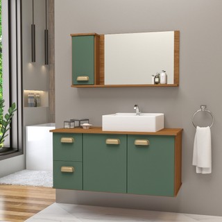 Conjunto Gabinete Banheiro Lisboa MDF 80cm Com Cuba e Espelheira