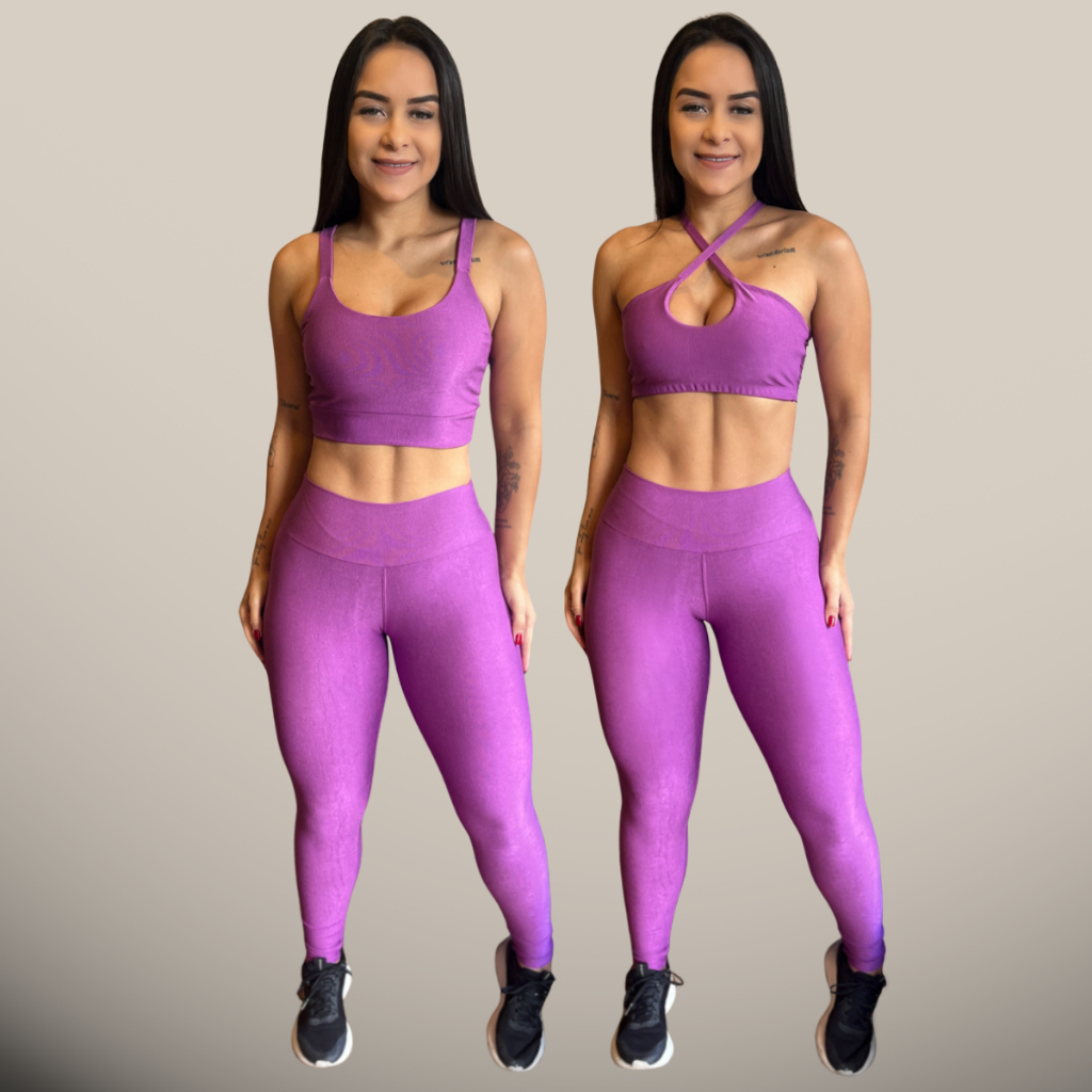 Trio Conjunto Academia Canelado 2 Tops +1 Calça Legging Roupa Fitness Alta Sustentação Corrida Leg de Ginástica Treino