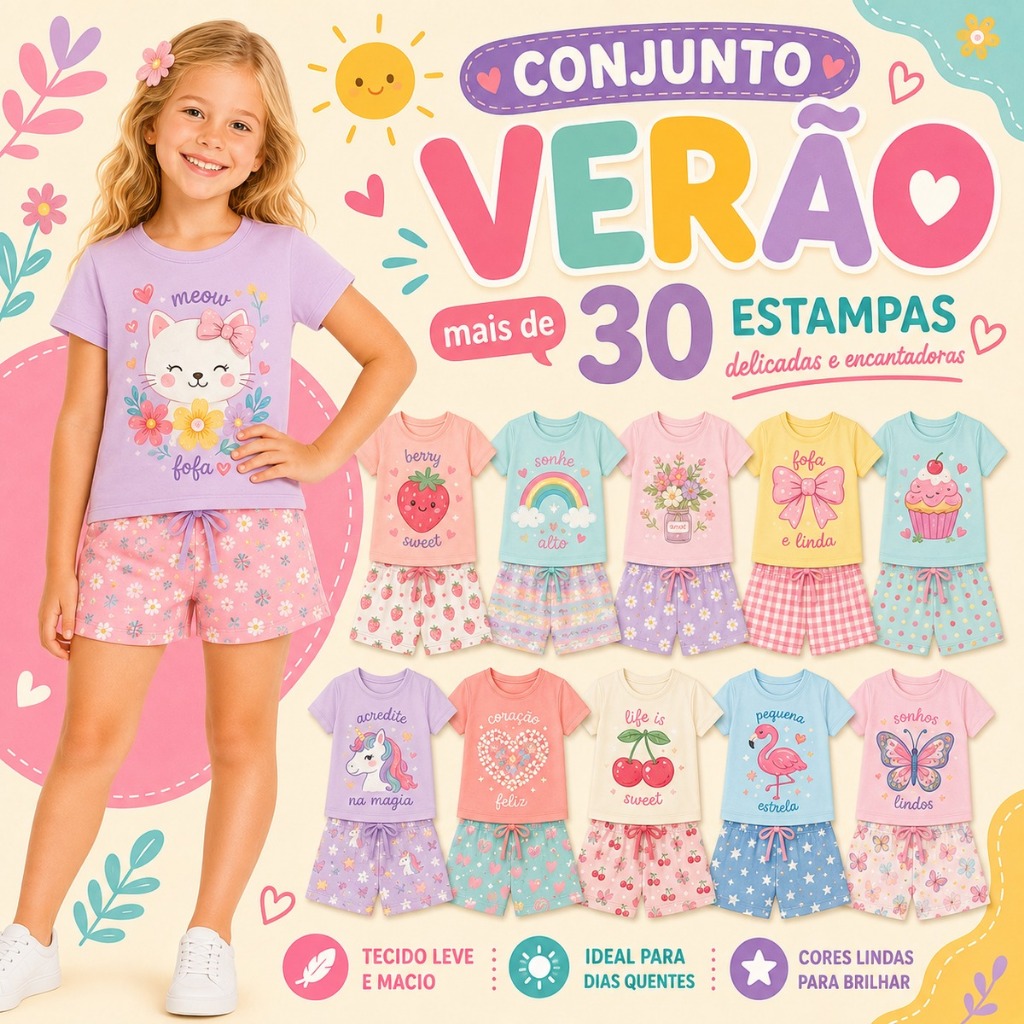 Kit Sortido 2 ou 4 Peças Conjunto VERÃO Infantil MENINA Short e Blusinha Manga Curta Moda Bebê e Infantil VERÃO