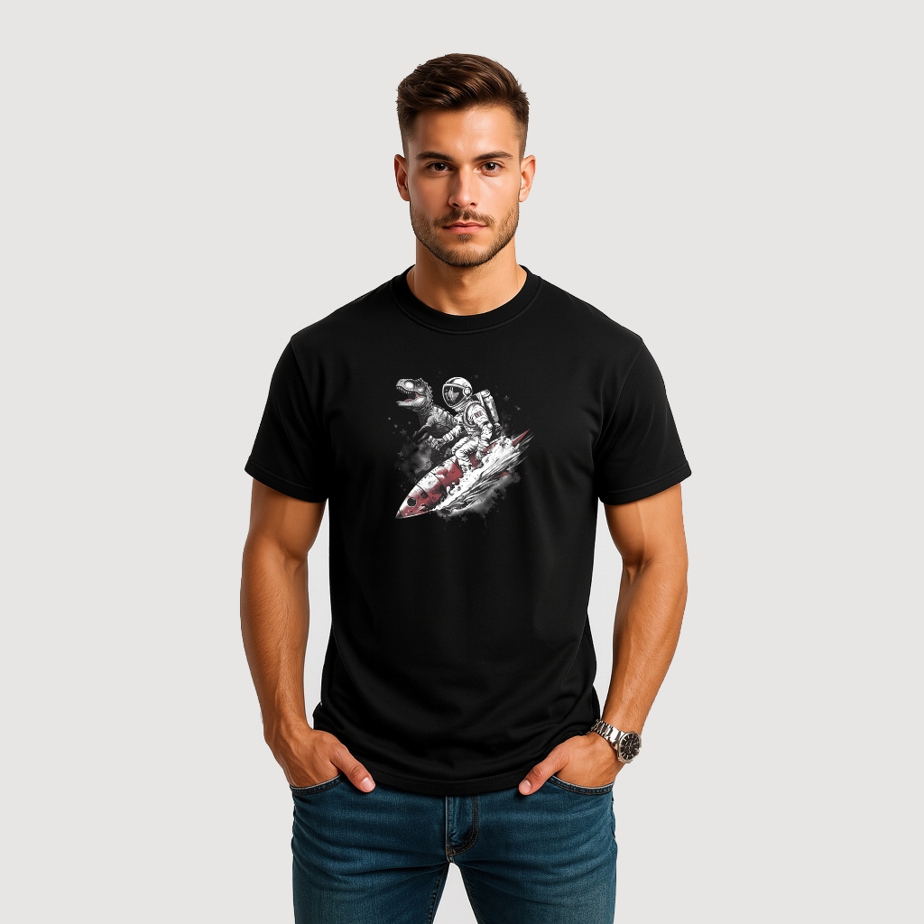 CAMISETA MASCULINA ALGODÃO ASTRONAUTA FOGUETE DINOSSAURO