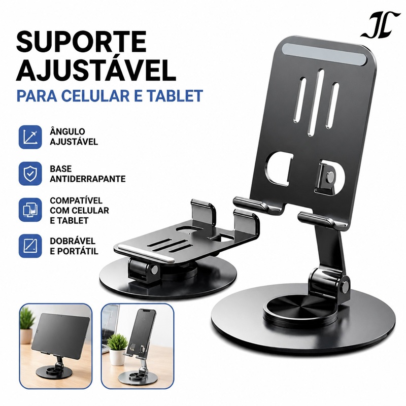 Suporte Alumínio de Mesa Base Rotatória Ajustável 360º Para Smartphones e Tablets C340