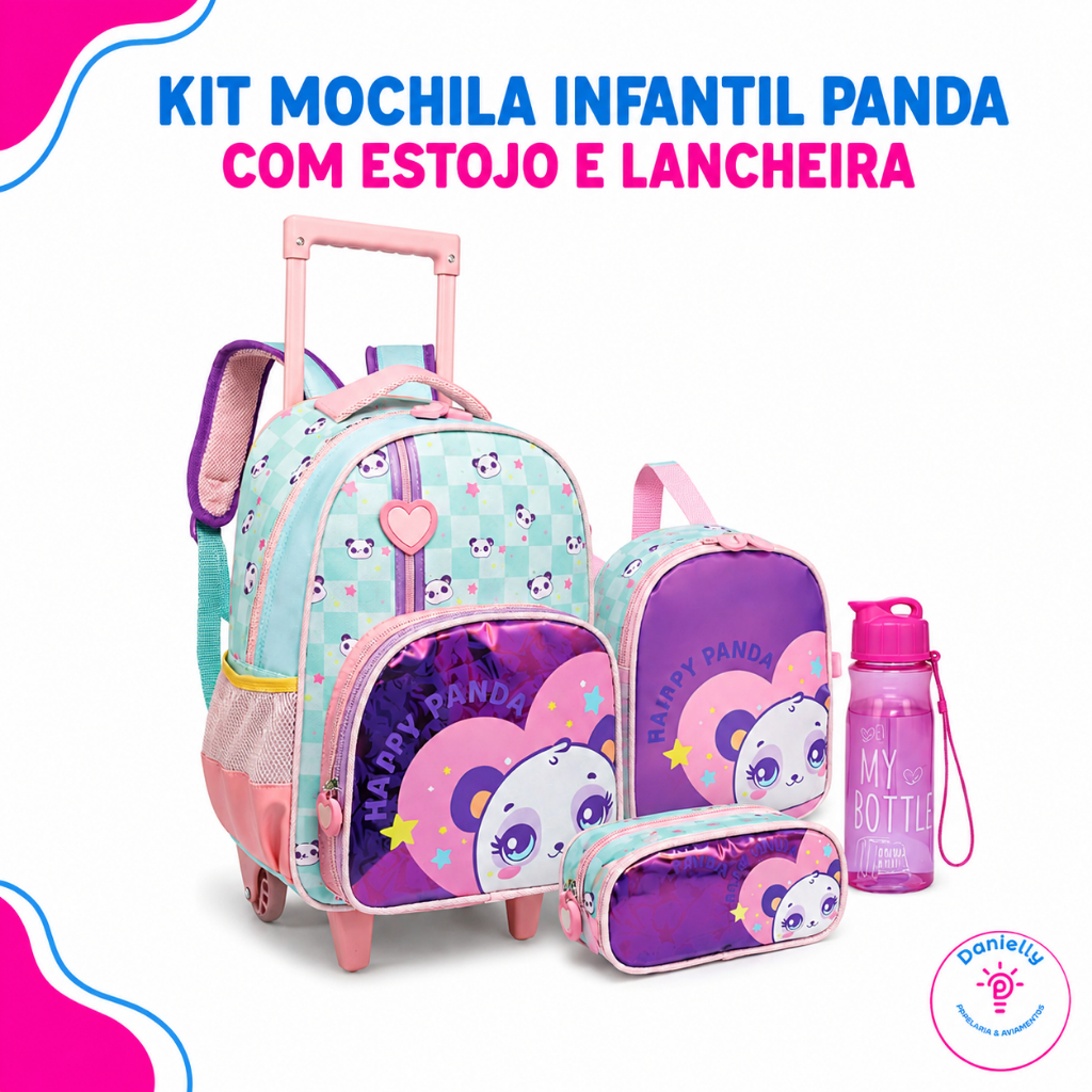 Kit Mochila Infantil Panda Escolar com Carrinha Estojo Lancheira
