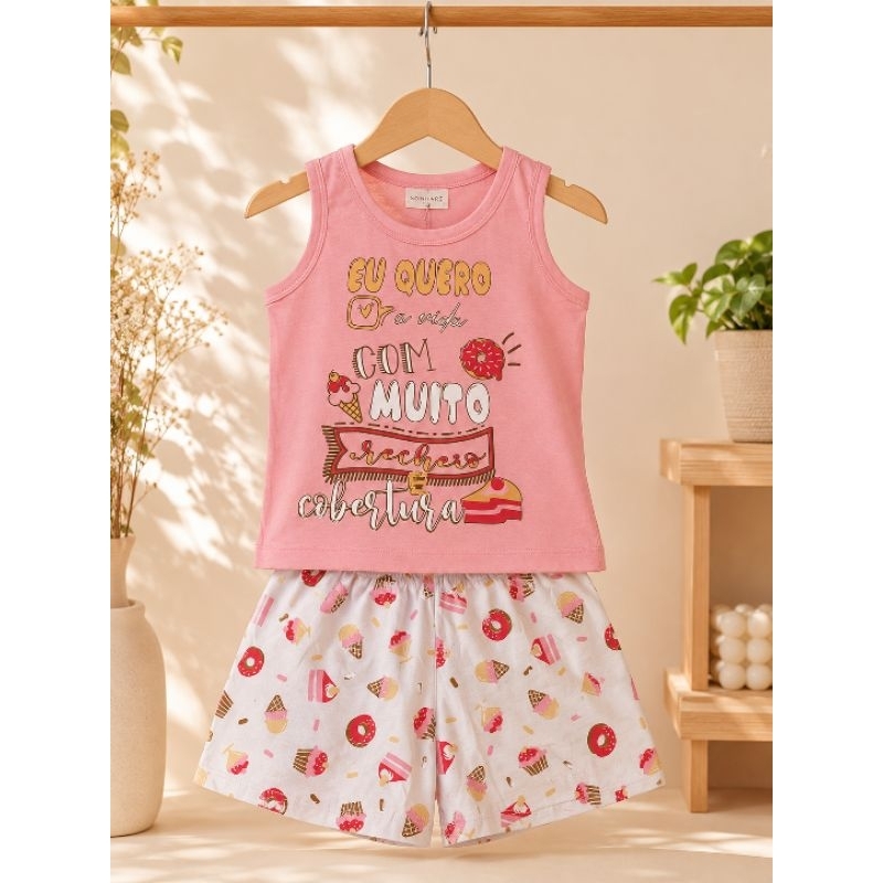 Pijama Infantil Feminino Regata e Short Estampado Doces – Confortável em Algodão