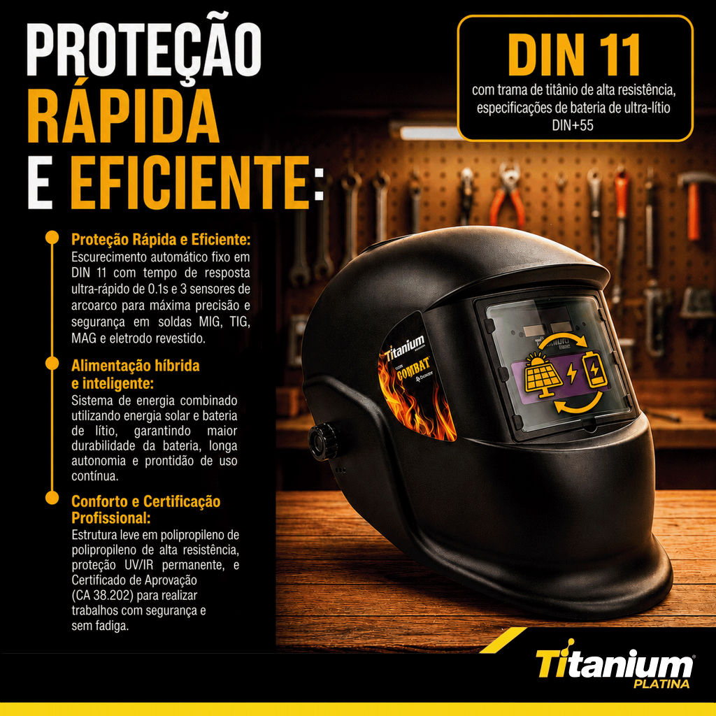 Máscara de Solda Combat Auto Escurecimento DIN 11 Fixa Titanium Platina