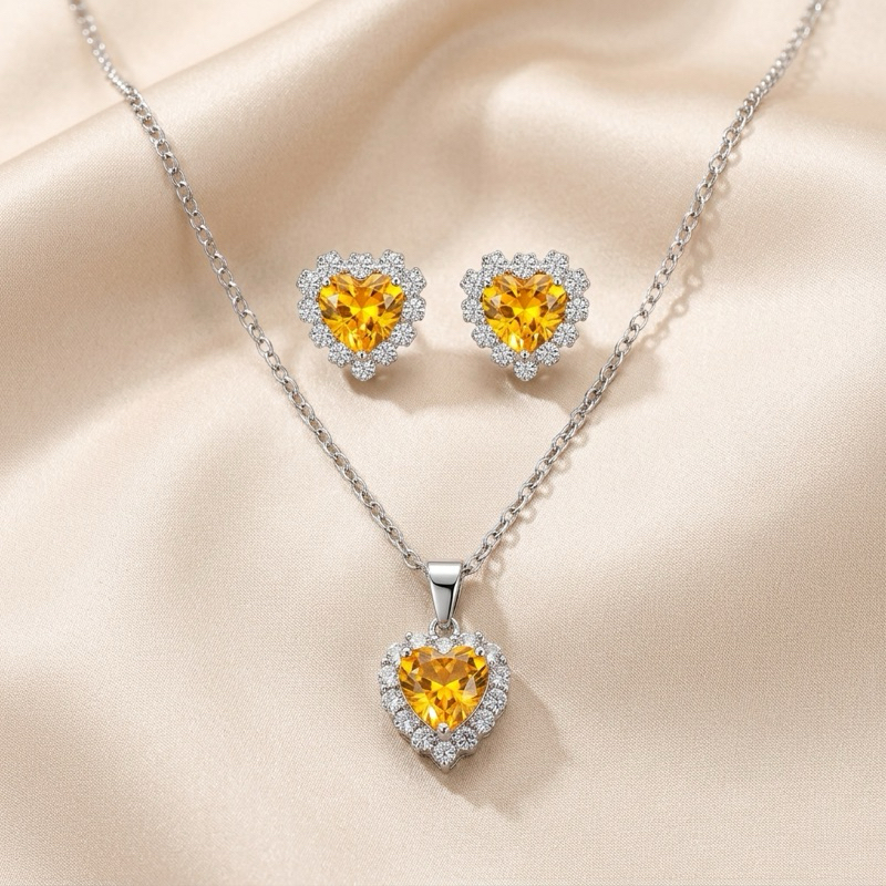 Conjunto Colar e Brinco Coração Cravejado Feminino Aço Inoxidável  Antialérgico Cor Topázio Delicado e Elegante