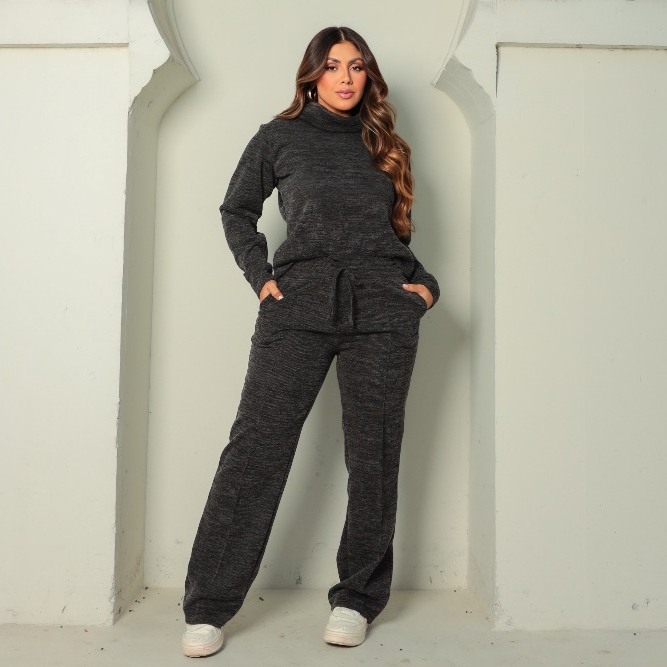 Conjunto Feminino Lanzinha Malha Rib Blusa Gola Alta E Calça