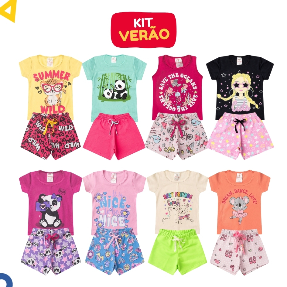 Kit 6 Peças Roupa Infantil Menina Verão Conjunto Feminino 3 Camisetas + 3 Shorts Tamanho 1 ao 14