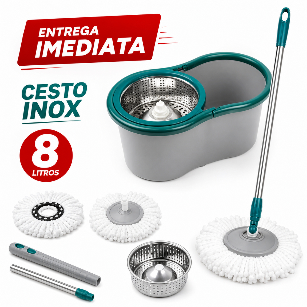 Balde Esfregão Giratório Inox Mop Pro Fit Limpeza Geral