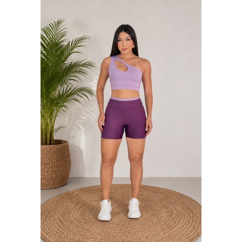 Conjunto Fitness Feminino Academia Cintura Alta Zero Transparência Blackout Top Short Curto Bicolor Roxo Lilas Fitness
