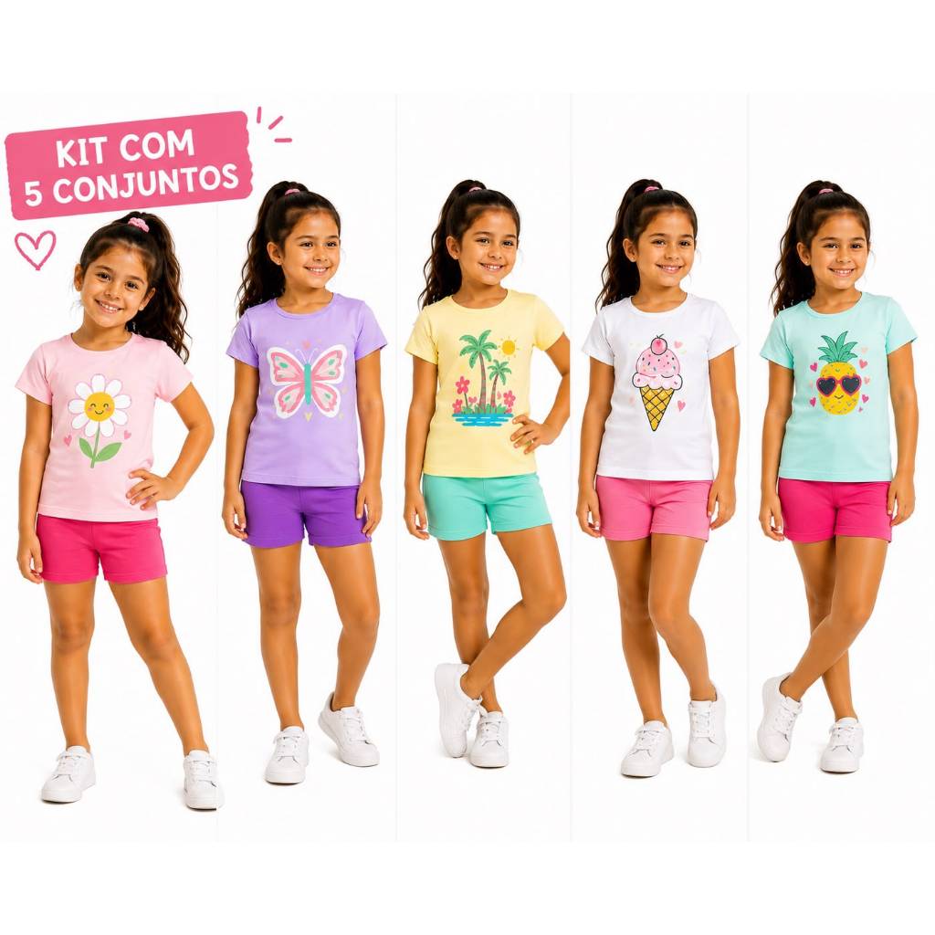 Kit 10 Peças de Roupas Infantil Menina Sortido Verão - 5 Regatas + 5 Bermudas - Criança Feminina