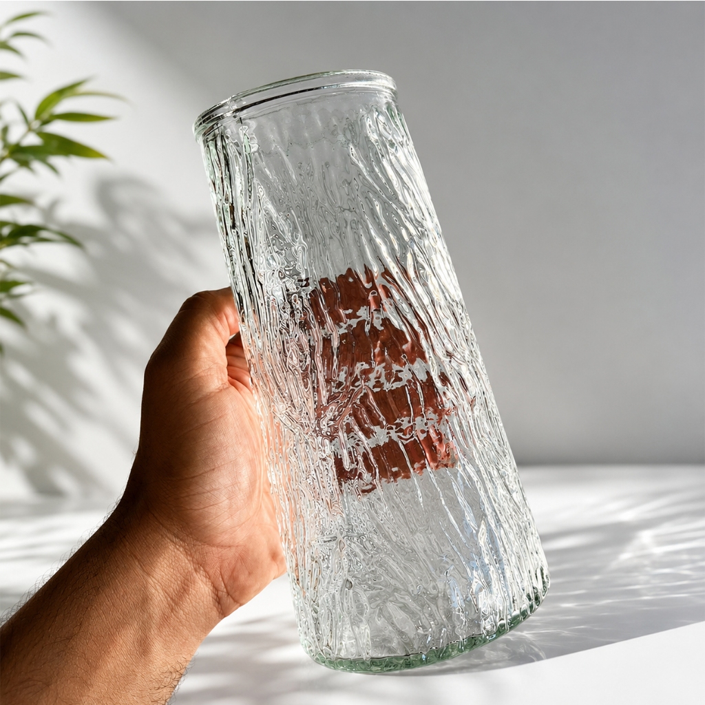 Vaso de Vidro Texturizado 21cm Decorativo Transparente + Brinde 3 Sachês de Bolinhas em Gel