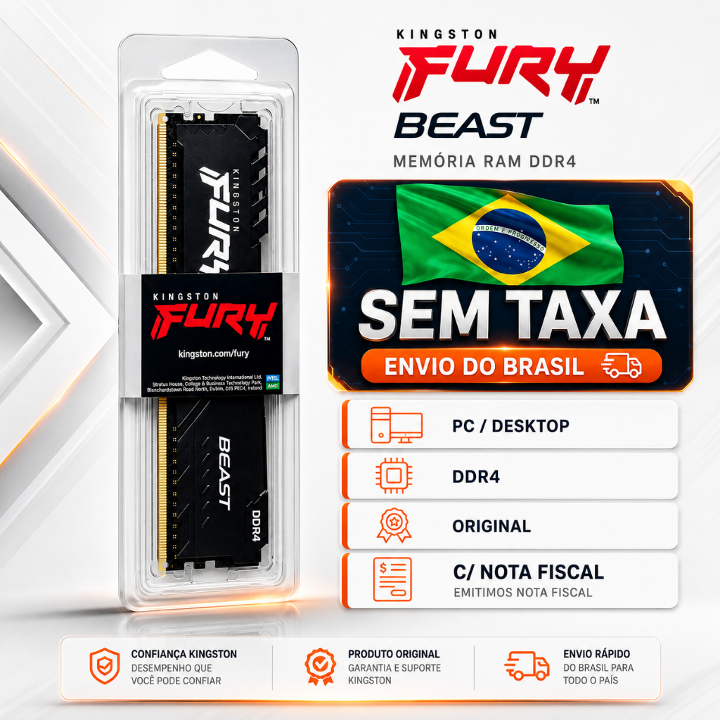 Memória RAM Kingston Fury Beast 8GB DDR4 ORIGINAL NOVO PC GAMER Desktop C/ NOTA FISCAL