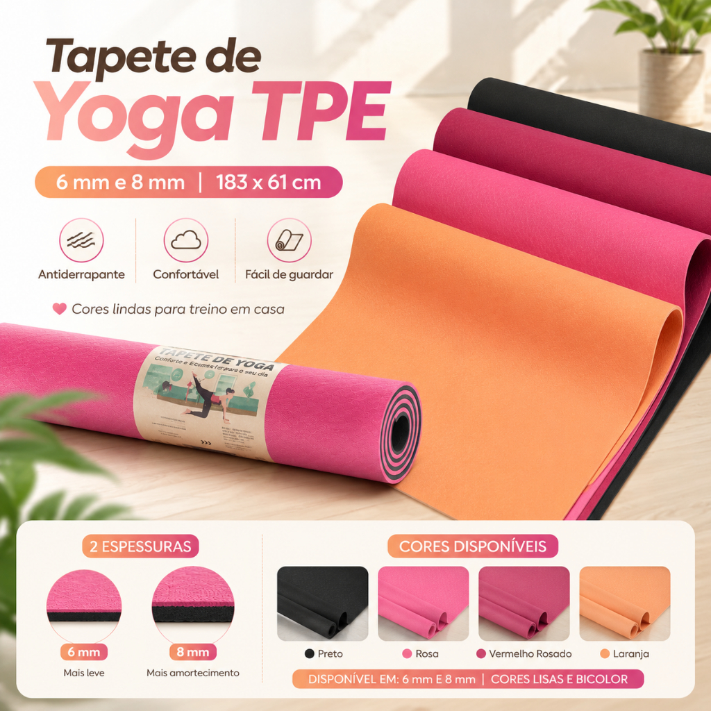Tapete de Yoga TPE 183x61cm 6mm ou 8mm Antiderrapante