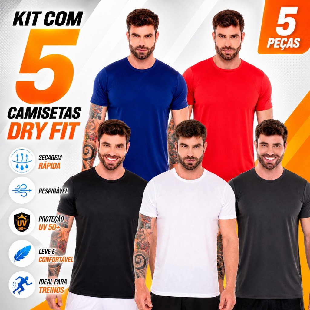 Kit 5 Camisetas Dry Fit Masculina Com Treino Proteção UV Secagem rápida treino academia.