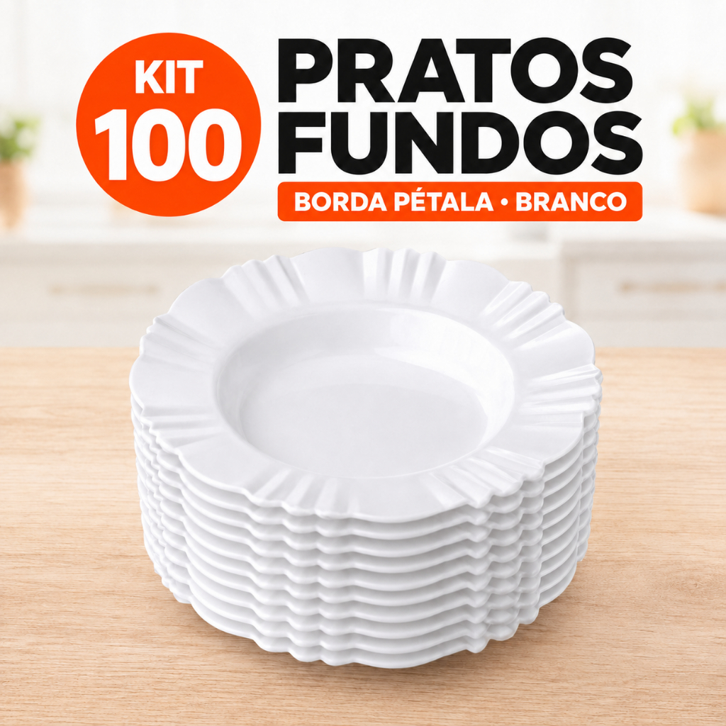 Kit 100 Pratos Fundos Pétala Branco Plástico Redondo Reutilizável Refeição Sopa Festa