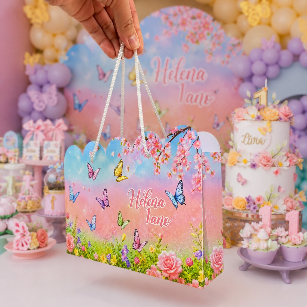 Kit 10/15 Sacolinhas Personalizadas Jardim das Borboletas Rosa | Lembrancinha Festa Infantil