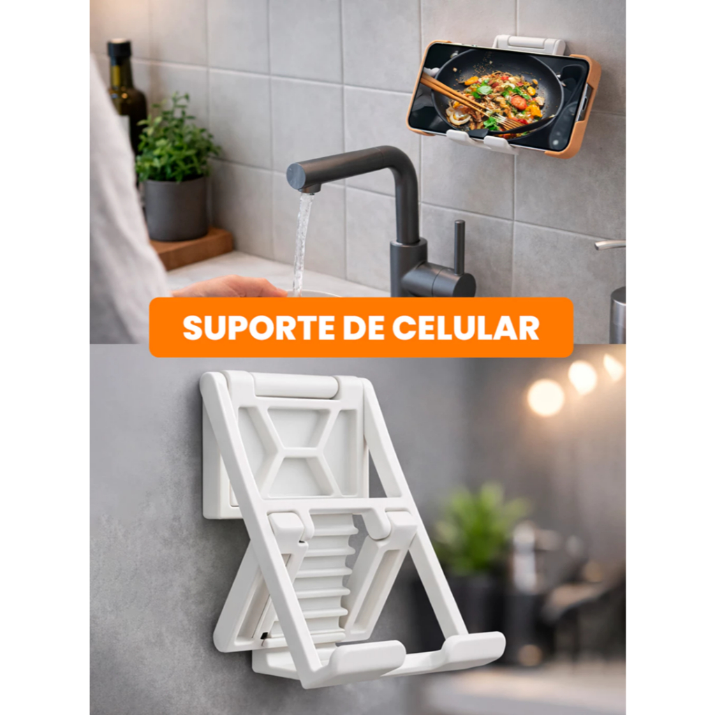 Suporte de Parede para Celular Ajustável Dobrável Universal com Fita 3M Alta Fixação Sem Furar parede