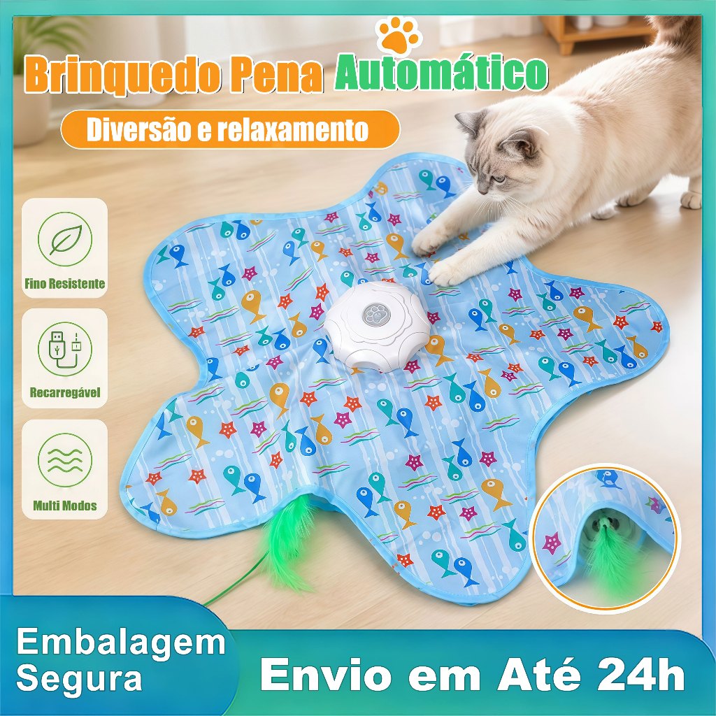 Tapete Brinquedo de Caça para Gato Rato Simulado com Penas Som Automático Anti Tédio