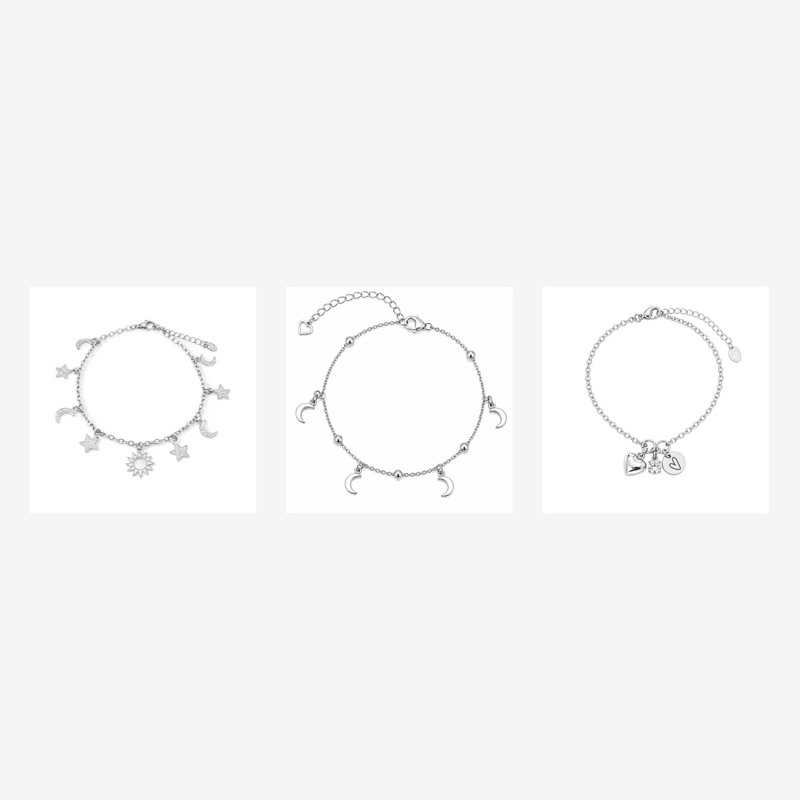 Conjunto 3 Pulseira Coração Lua Estrela Pingentes Bolinha Aço Inoxidável Antialérgico Prata Feminina