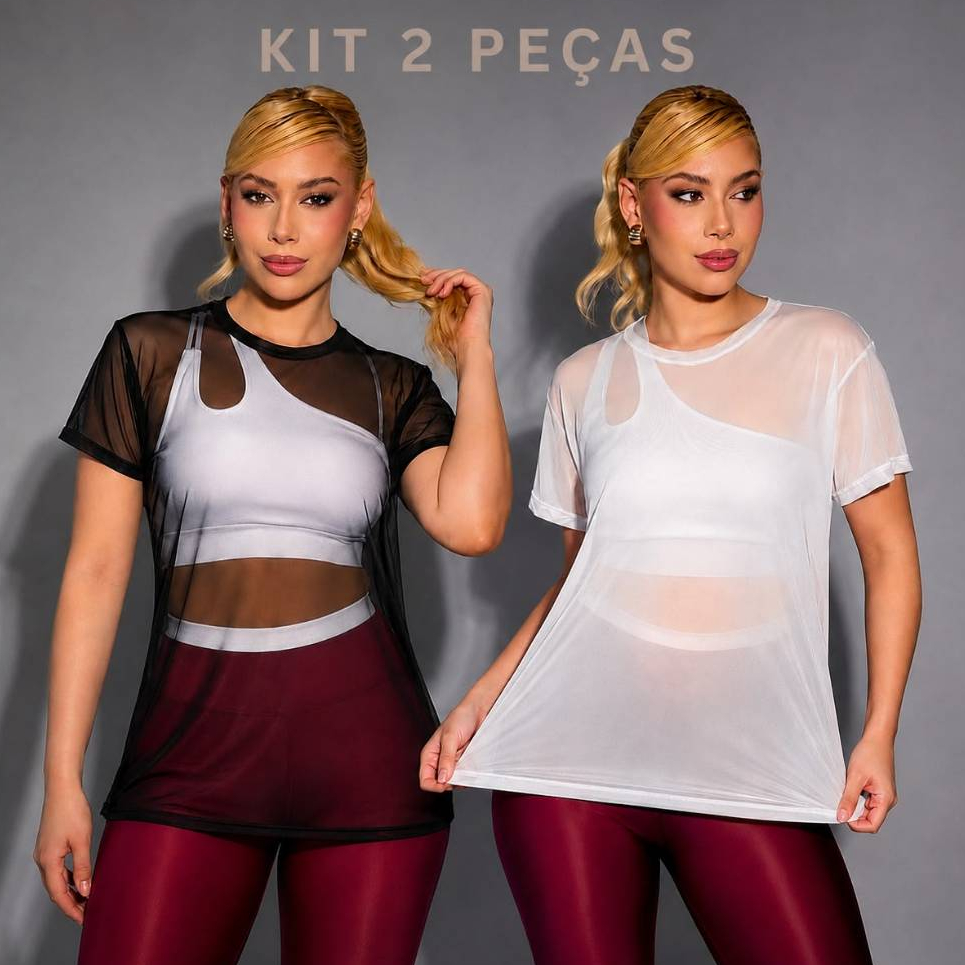 Kit 2 Blusas Fitness Feminina Tela Academia Dry Fit Camiseta Transparente Treino Musculação Corrida Moda Fitness