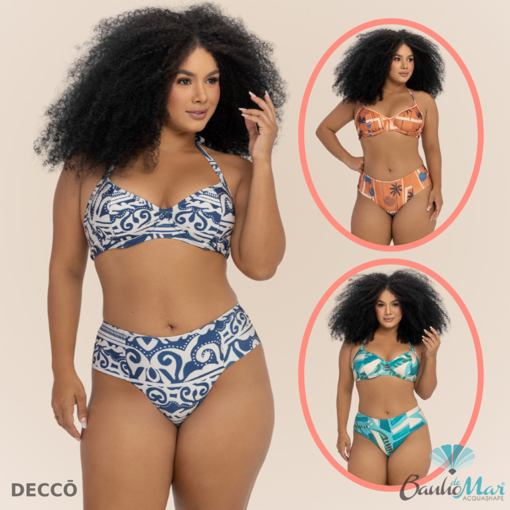 Conjunto Biquíni Plus Size Meia Taça Estampado Banho de Mar Liso Clássico Moda P