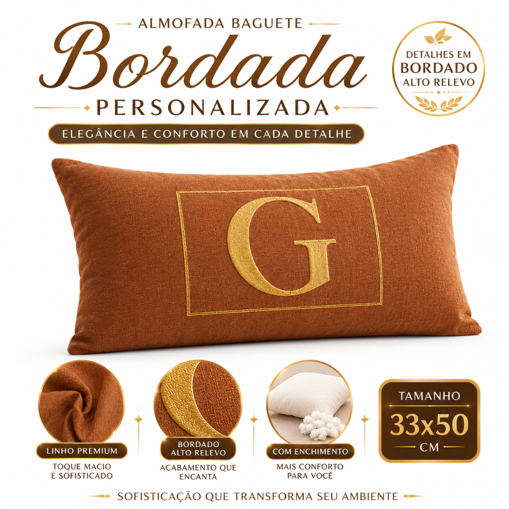 Almofada Baguete Bordada Personalizada 33x50 Linho Premium com Enchimento e Zíper