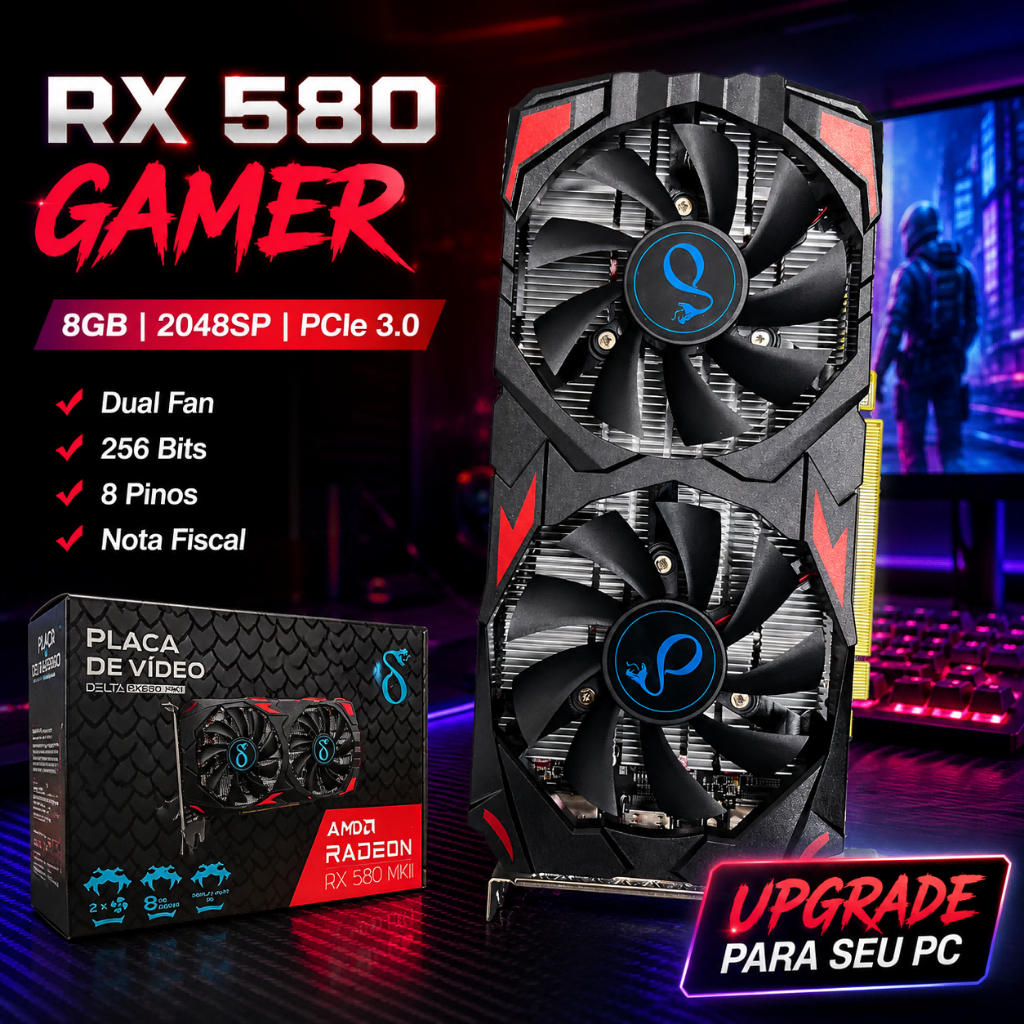 Placa De Vídeo Gamer AITEK RX 580 2048SP 8GB GDDR5 256 Bits PCIe 3.0 8 Pinos