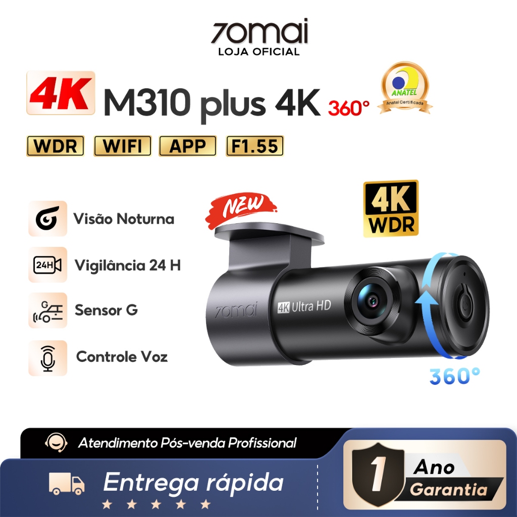 Câmera Veicular 70mai M310 Plus 4k Dash Cam F1.55 App Wi-Fi 360° 24h Visão Noturna Sensor G/Uber Taxi
